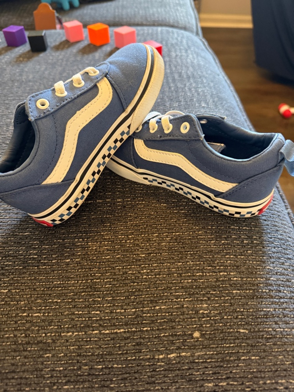 Vans Kids Blue Canvas Skate Shoes with White Stripe